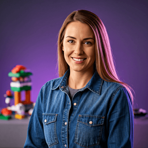 Portrait of a female builder in a high-tech studio setting with soft purple rim lighting and LEGO bricks in the background