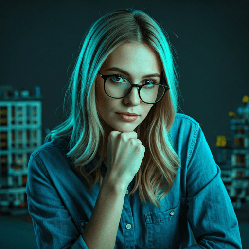Stylish female builder with cyan studio lighting focused on her face, dark background with blurred LEGO architecture sets