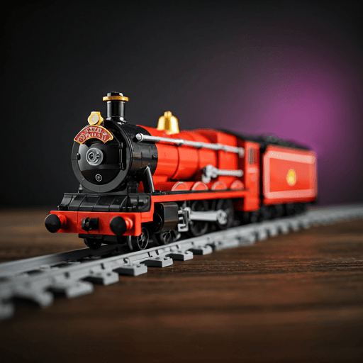 Macro photo of a LEGO Hogwarts Express train on a dark surface with vibrant pink neon light bleed from the side