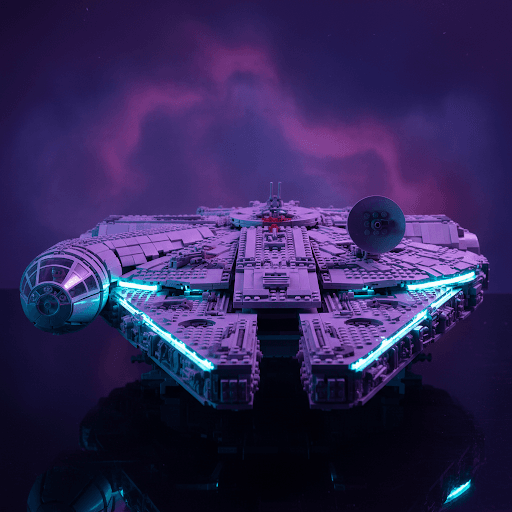 High-end studio shot of a LEGO Star Wars Millennium Falcon with deep shadows and sharp blue rim lighting