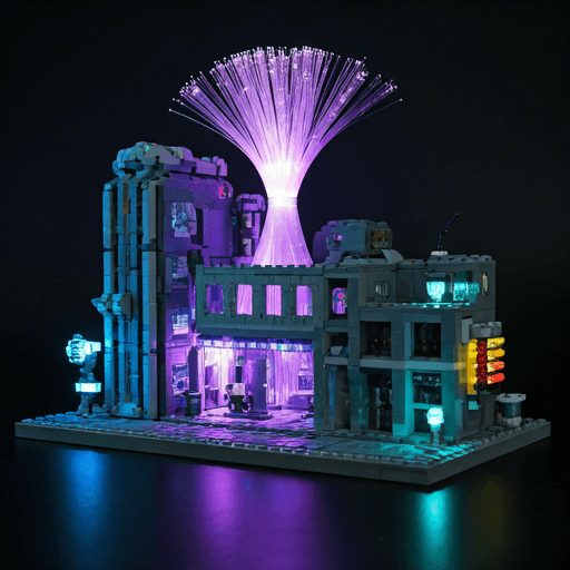 Cinematic wide shot of a futuristic LEGO city build with glowing neon cyan and purple fiber optic lights in a dark studio setting