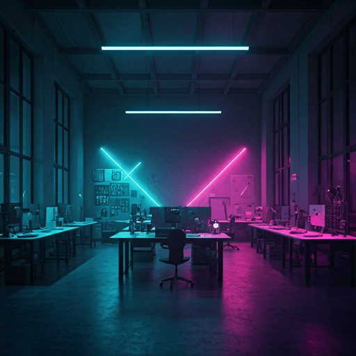 Cinematic wide shot of a high-tech creative studio with neon violet and cyan ambient lighting and modular art pieces on desks